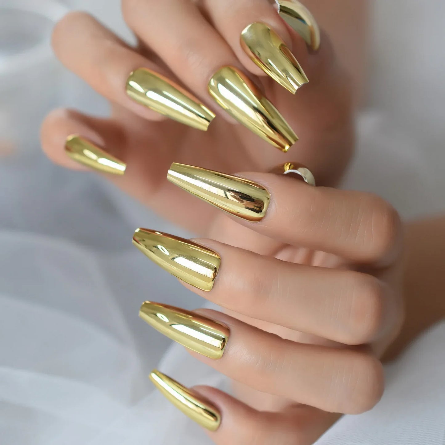 sengpan Metallic Coffin Nail Tips False Nails Long Ballerina Gold Mirror Fake Nails Press On Full Set For Fingernail Decorations