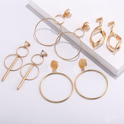 sengpan Simple Hollow Fashion Gold Color Clip on Earrings Geometric Big Round Ear Clips Without Piercing for Women Earrings Jewelry