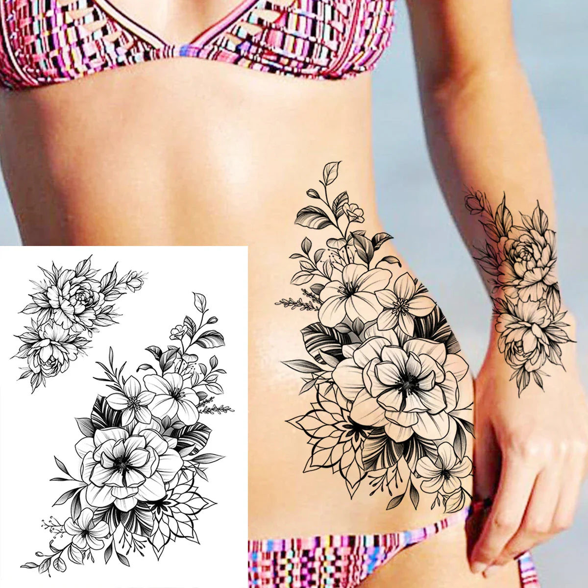 sengpan Sexy Flower Temporary Tattoos For Women Body Art Painting Arm Legs Tattoos Sticker Realistic Fake Black Rose Waterproof Tattoos