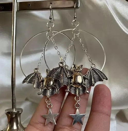 sengpan Halloween Moon , Star and Bat Dangle , Star and Bat Earring , Hoops Earrings