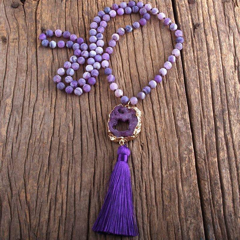 sengpan Fashion Bohemian Jewelry Semi Precious Stones Knotted Druzy Stone Links Tassel Necklaces For Women Boho Necklace