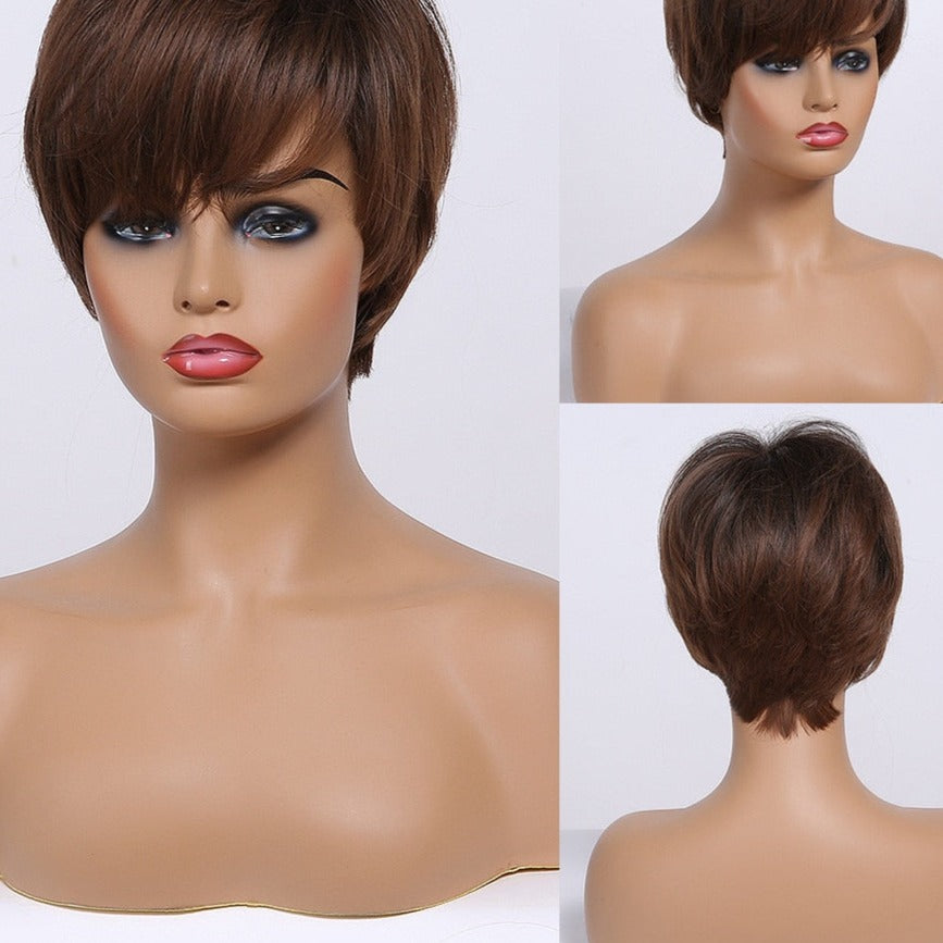 sengpan Short Straight Wigs Ombre Brown Synthetic Hair Wigs with Bangs for Black Women Daily Cosplay Heat Resistant Natural Hair Wigs