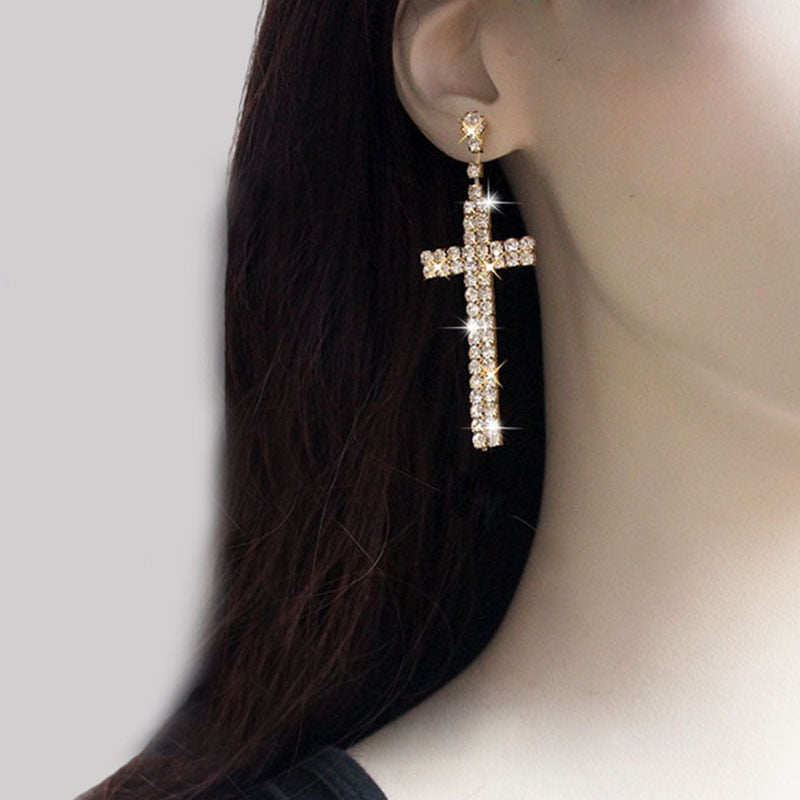 sengpan Bridal Crystal Cross Shape Long Earrings Sparkly Silver Color Rhinestone Dangle Earrings For Women Wedding Jewelry Gifts