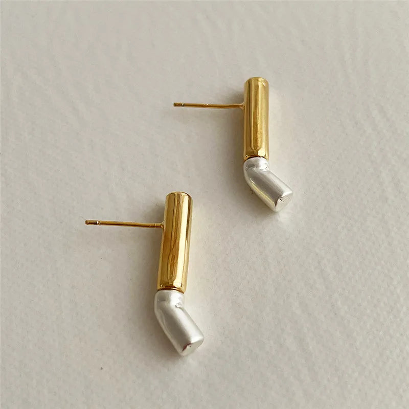 sengpan - French Simple Contrast Color Metal Cylindrical Earring Smooth Irregular Geometric Stitching Drop Earrings for Women Jewelry