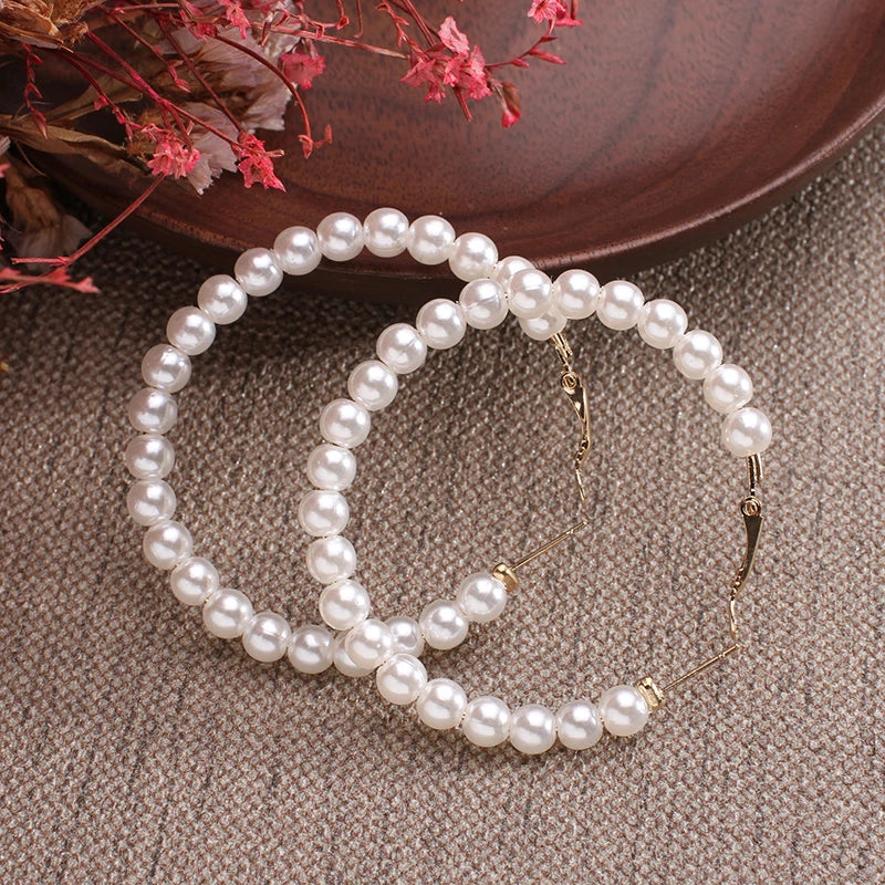 Lianfudai New white boho imitation pearl round circle hoop earrings female gold color big earrings korean jewelry statement earrings