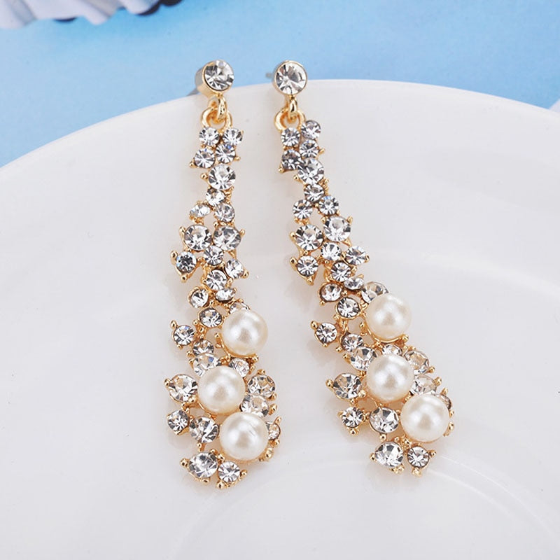 sengpan Gold Color Bridal Drop Earrings Simulated Pearl Crystal Statement Earrings for Women Wedding Party Jewelry Gift