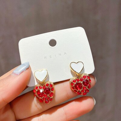 sengpan Female Women Girl Stud Earrings Pink Zircon Rhinestone Heart Sweet Cute Fashion Jewelry Accessories