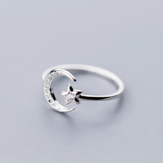 sengpan  Silver Minimalist Zircon Moon Star Opening Ring For Charming Women Party Fine Jewelry Cute  Gift