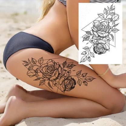 sengpan Sexy Flower Temporary Tattoos For Women Body Art Painting Arm Legs Tattoos Sticker Realistic Fake Black Rose Waterproof Tattoos