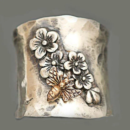 sengpan - Vintage Flower Bee Lady Ring Bohemian Flower Embossed Wedding Party Finger Jewelry Gift