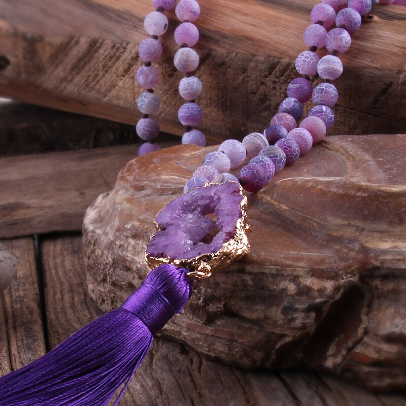 sengpan Fashion Bohemian Jewelry Semi Precious Stones Knotted Druzy Stone Links Tassel Necklaces For Women Boho Necklace