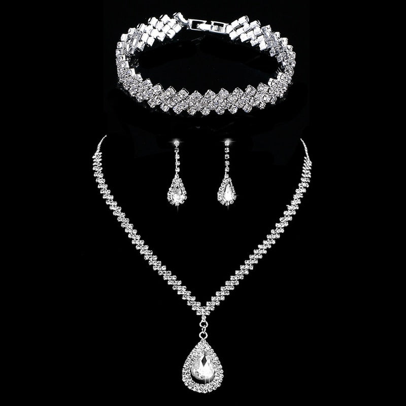 sengpan Silver Color Rhinestone Crystal Bridal Jewelry Sets for Women Necklace Earrings Bracelet Set Wedding Jewelry Accessories