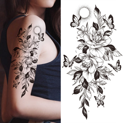 sengpan Black 3D Rose Temporary Tattoo For Women Girls Adult Peony Dahlia Flower Tattoos Sticker Black Flora Glory Geometric Arm Tatoos