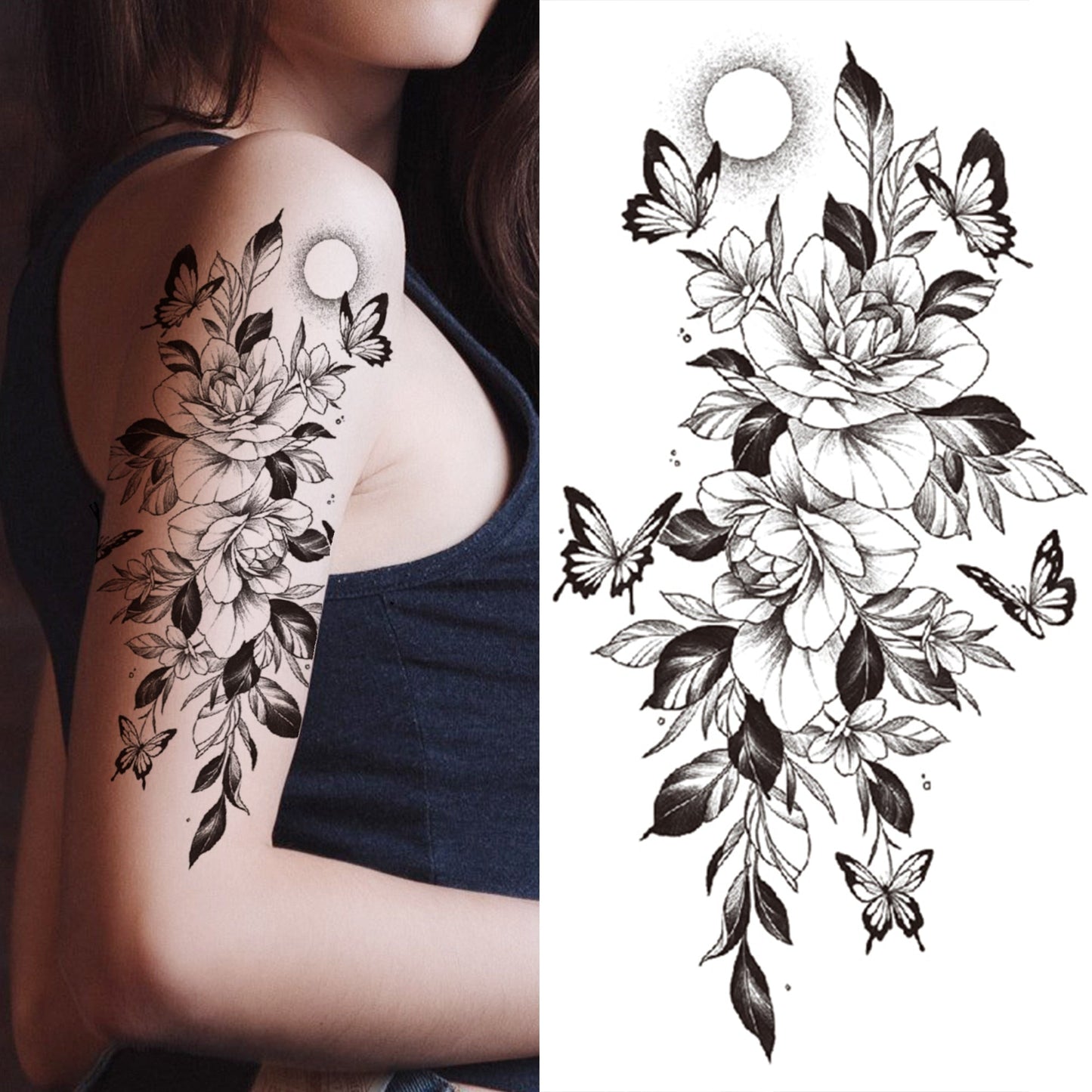 sengpan Black 3D Rose Temporary Tattoo For Women Girls Adult Peony Dahlia Flower Tattoos Sticker Black Flora Glory Geometric Arm Tatoos