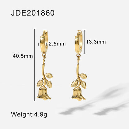 sengpan 14K Gold Plated Cubic Rose Drop Earrings Gift Jewelry Stainless Steel Solid Flower Huggie Earring for Women