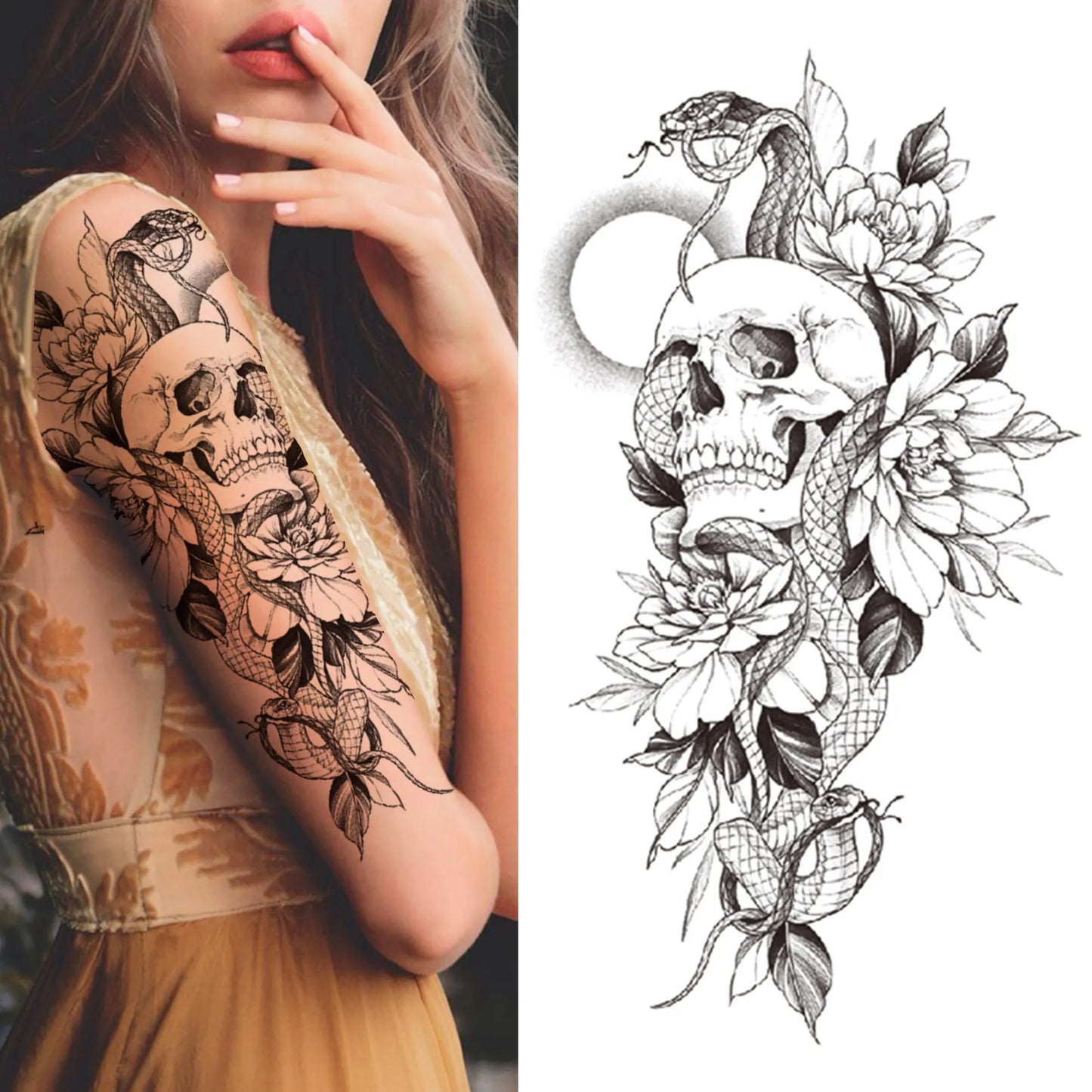 sengpan Death Skull Flower Temporary Tattoo For Women Girls Snake Bird Peony Tattoo Sticker Black Fake Blossom Sexy Tatoo Transfer Adult