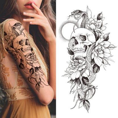 sengpan Death Skull Flower Temporary Tattoo For Women Girls Snake Bird Peony Tattoo Sticker Black Fake Blossom Sexy Tatoo Transfer Adult