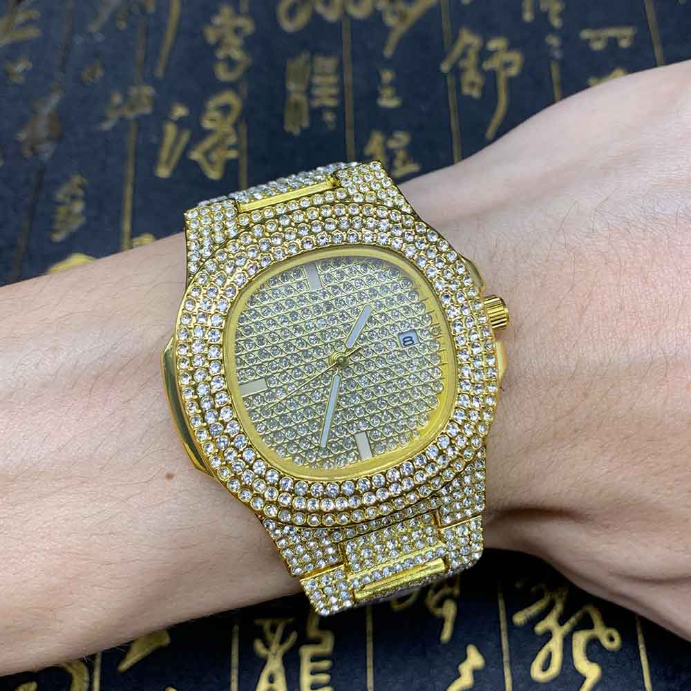 sengpan Disaster Prevention Jewelry Fashion Iced Out Watch Men Diamond Steel Hip Hop Mens Watches Top Brand Luxury Gold Clock reloj hombre relogio masculino