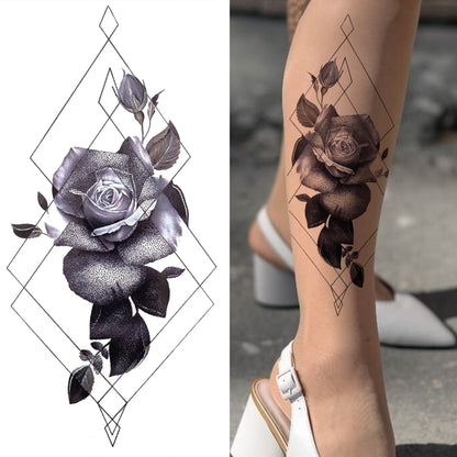 sengpan Black 3D Rose Temporary Tattoo For Women Girls Adult Peony Dahlia Flower Tattoos Sticker Black Flora Glory Geometric Arm Tatoos