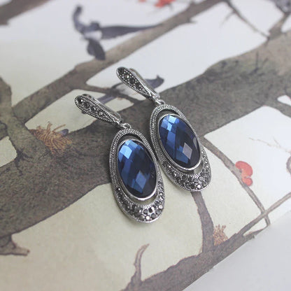 sengpan Oval Crystal Earrings With Blue Stone Retro Style Ear Drop Black Rhinestone Vintage Jewelry Wholesale