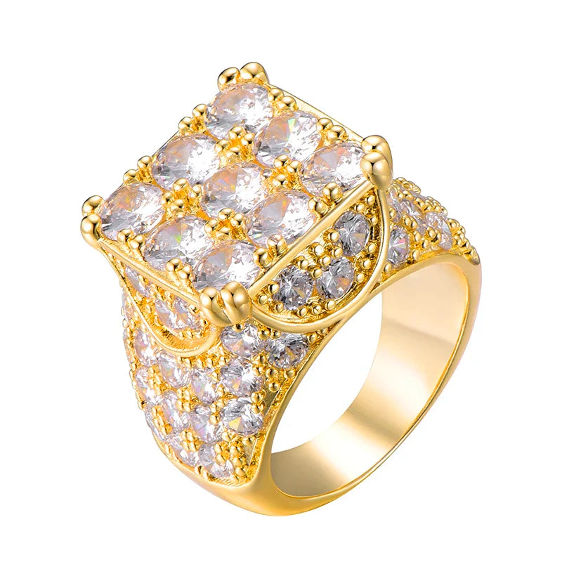 sengpan Hip Hop Glacier Ring 18K Gold Plated Full Cubic Zircon Charm Iced Out Bling Popular Tready Square Ring For Men Jewelry