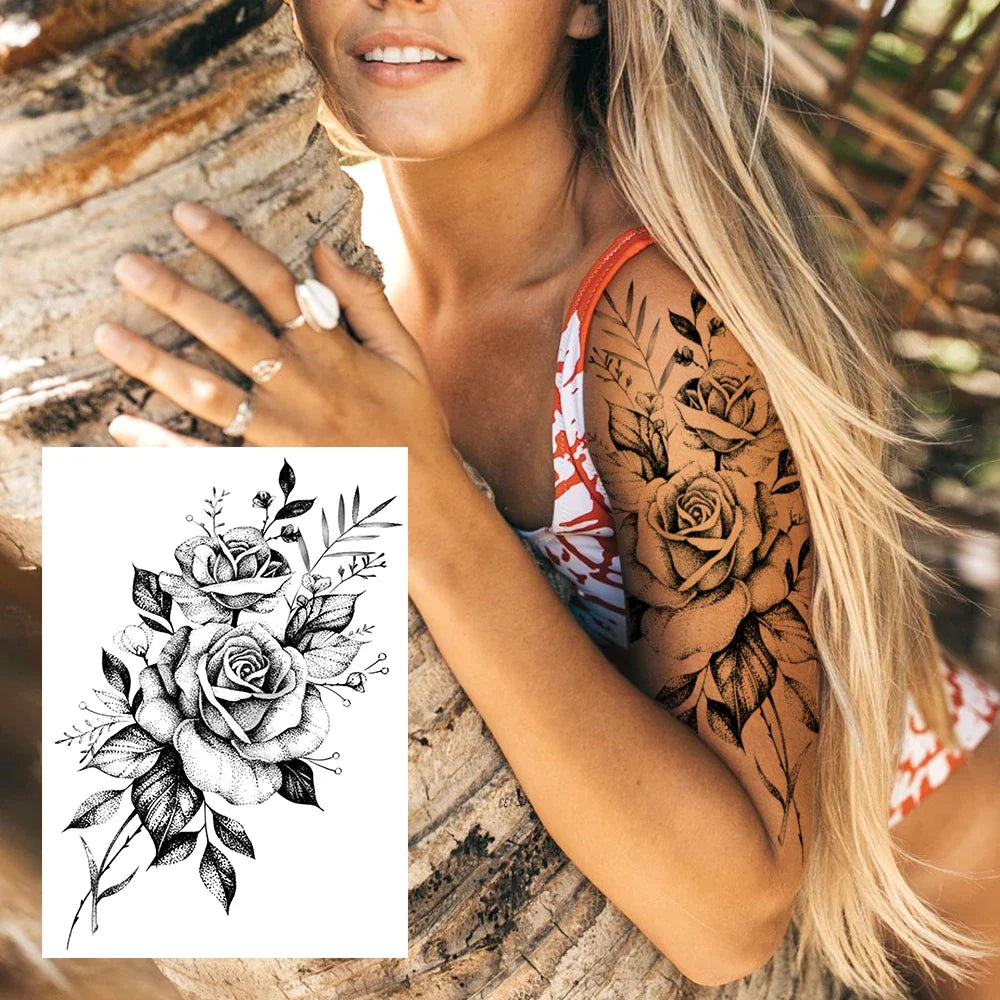 sengpan Sexy Flower Temporary Tattoos For Women Body Art Painting Arm Legs Tattoos Sticker Realistic Fake Black Rose Waterproof Tattoos