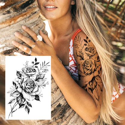 sengpan Sexy Flower Temporary Tattoos For Women Body Art Painting Arm Legs Tattoos Sticker Realistic Fake Black Rose Waterproof Tattoos