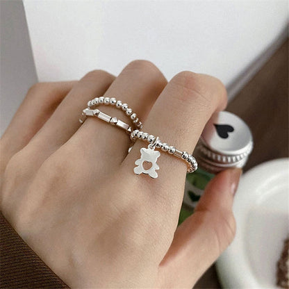 sengpan Korean Simple Silver Color Bear Beaded Elastic Rope Adjustable Index Finger Ring for Women Girl Fashion Jewelry Gifts