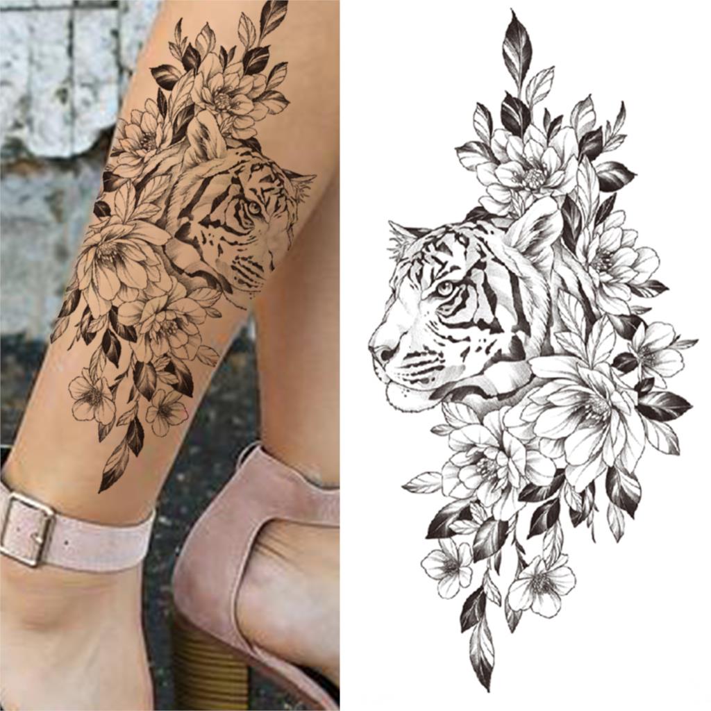 sengpan Lotus Flower Temporary Tattoo For Women Girls Snake Peony Lily Rose Chains Tattoos Sticker Black Blossom Fake Transferable Tatoo