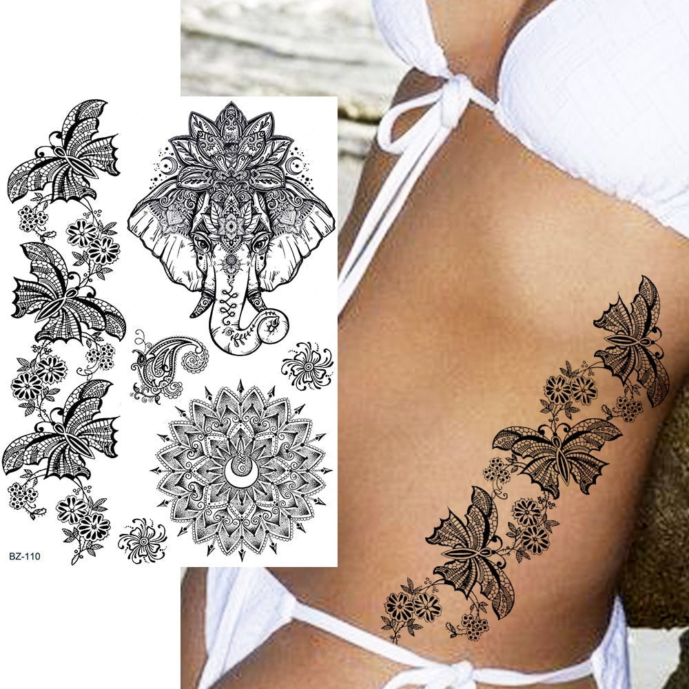 sengpan western jewelry for women Black Henna Lace Temporary Tattoos Sticker For WOmen Butterfly Moth Mehndi Flower Fake Tatoo Sticker Feather Flora Tatoo