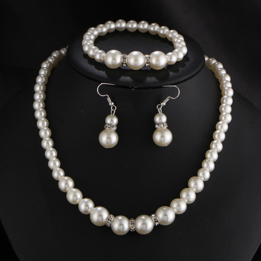 sengpan Elegant Simulated-pearl Bridal Jewelry Sets Rhinestone Pearl Drop NECKLACE+EARRINGS Wedding Jewelry Sets for Women Gifts