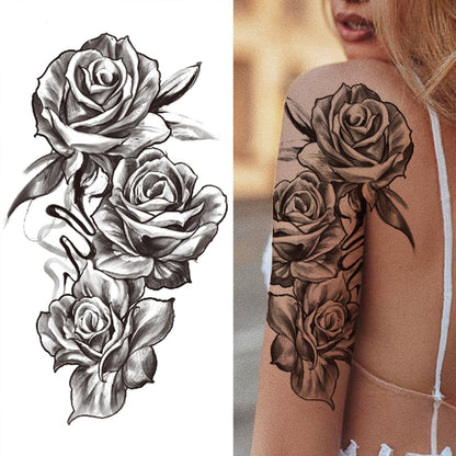 sengpan Black 3D Rose Temporary Tattoo For Women Girls Adult Peony Dahlia Flower Tattoos Sticker Black Flora Glory Geometric Arm Tatoos