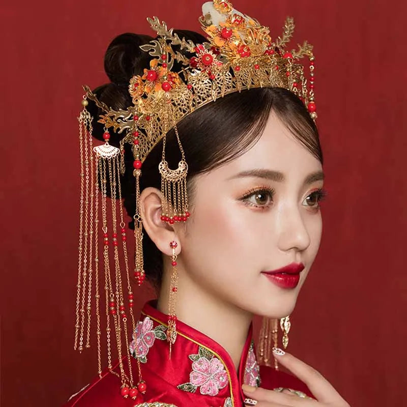 sengpan Retro Chinese Headdress Crown Headband Catwalk Stage Wedding Hair Accessories Pearls Beaded Tassel Tiaras Earring Hair Jewelry