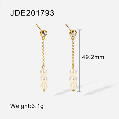 sengpan easter gifts for women 14K Golden Triangle Stainless Steel White Zircon Long Chain Three Pearl Pendant Earrings For Women Jewerly Party Gift