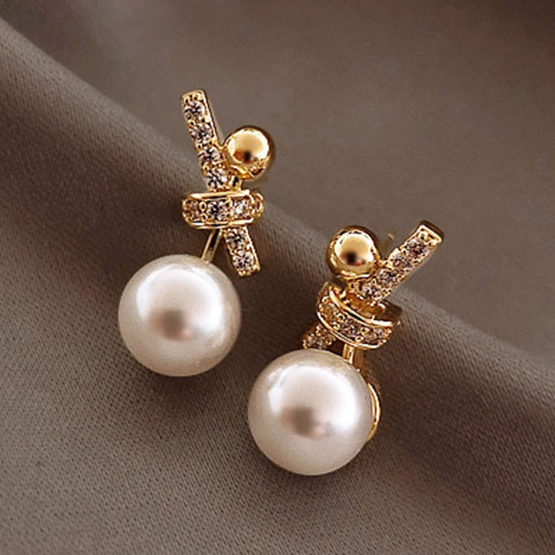 sengpan Christmas wishlist New Classic Rhinestone Bowknot Pearl Earrings Fashion Simple Korean Women Jewelry Lady Temperament Elegant Party Earrings