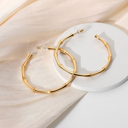 sengpan Golden Bamboo Brass Hoop Earrings For Women Large Circle Hoops C Shape Statement Earrings Unique Metal Jewelry