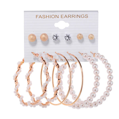 Lianfudai New white boho imitation pearl round circle hoop earrings female gold color big earrings korean jewelry statement earrings