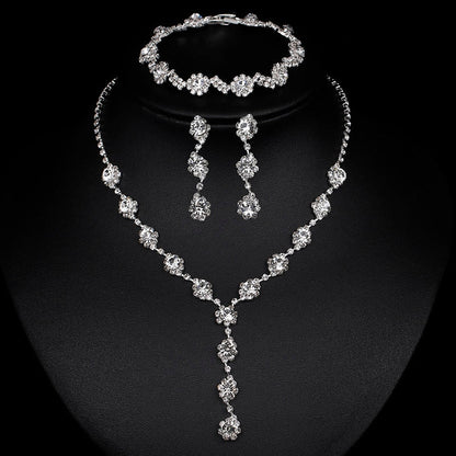 sengpan Silver Color Rhinestone Crystal Bridal Jewelry Sets for Women Necklace Earrings Bracelet Set Wedding Jewelry Accessories