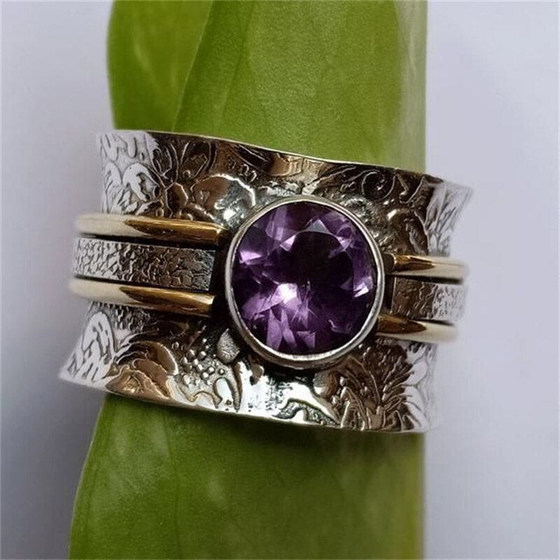 sengpan gifts for women  Fashion Vintage Ancient Gold Pattern Inlaid Round Purple Crystal Zircon Ring Men And Women Noble All-match Party Jewelry