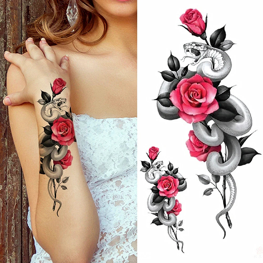 sengpan Black Flower Rose Waterproof Temporary Bird Snake Sexy Body Arm Leg Gem Henna Tattoo Fashion Big Fake Sleeve Sticker