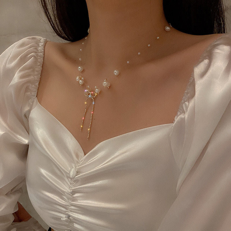 sengpan Christmas wishlist New Korea Fashion Simple Personality Necklace Inlaid Rhinestone Pearl Necklace Necklace Women's Party Jewelry Exquisite Gifts