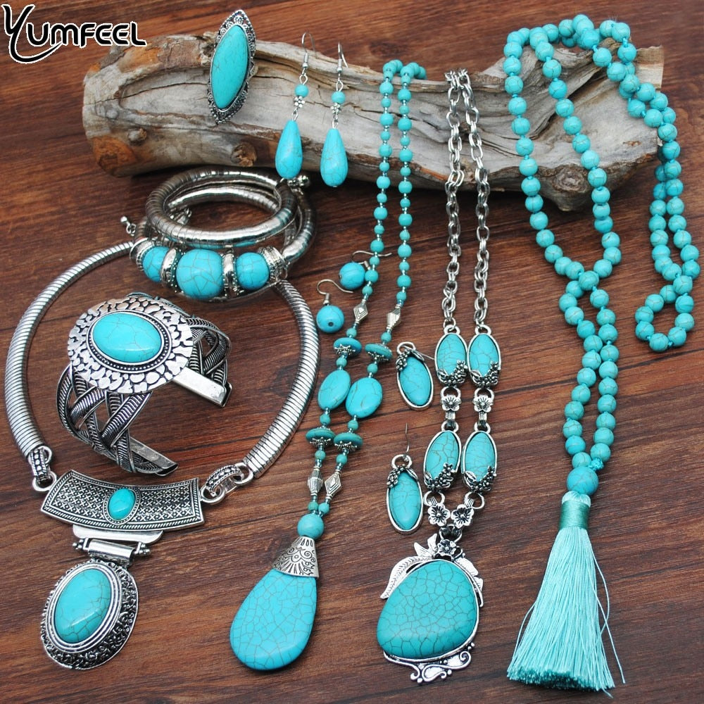 sengpan bridal jewelry set for wedding New Turquoise Bracelet Jewelry Set Vintage Silver Plated Necklace Bracelet Earring Ring Jewelry Sets Women