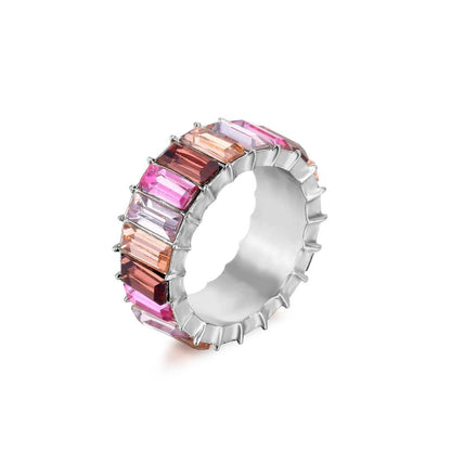 sengpan Dainty Rainbow Ring Multi Color Crystal Eternity Square Baguette Finger Ring Women Female Wedding Jewelry  Wholesale