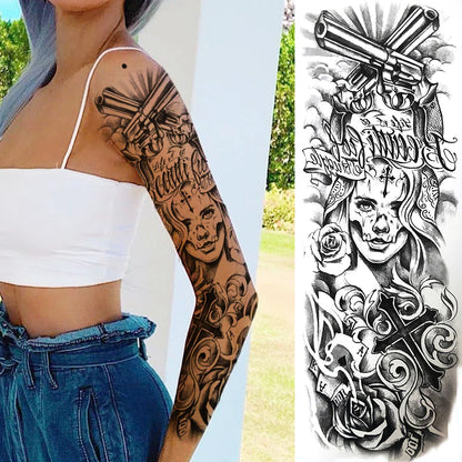 sengpan Sexy Full Arm Temporary Tattoos Sticker For Women Men Adult Gun Nun Vines Realistic Fake Tattoo Sleeves Large Tatoos Paste