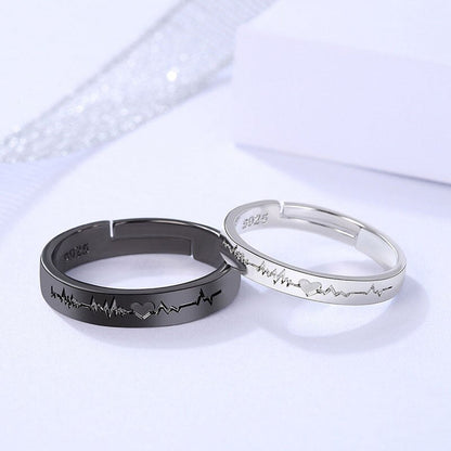 sengpan Christmas wishlist 2Pcs Love Heart Electrocardiogram Couple Open Rings For Women Men Lover Black Silver Color Engagement Wedding Valentine'Day Gift