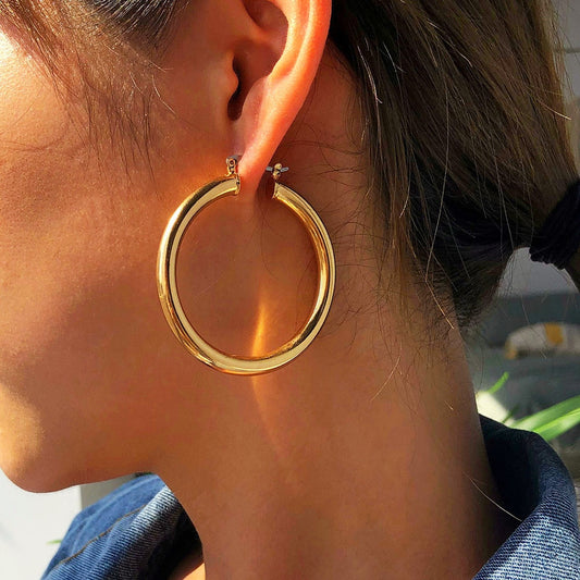 sengpan Golden Brass Hoop Earrings For Women Small Large Circle Hoops C Shape Statement Earrings Girls Unique Metal Jewelry