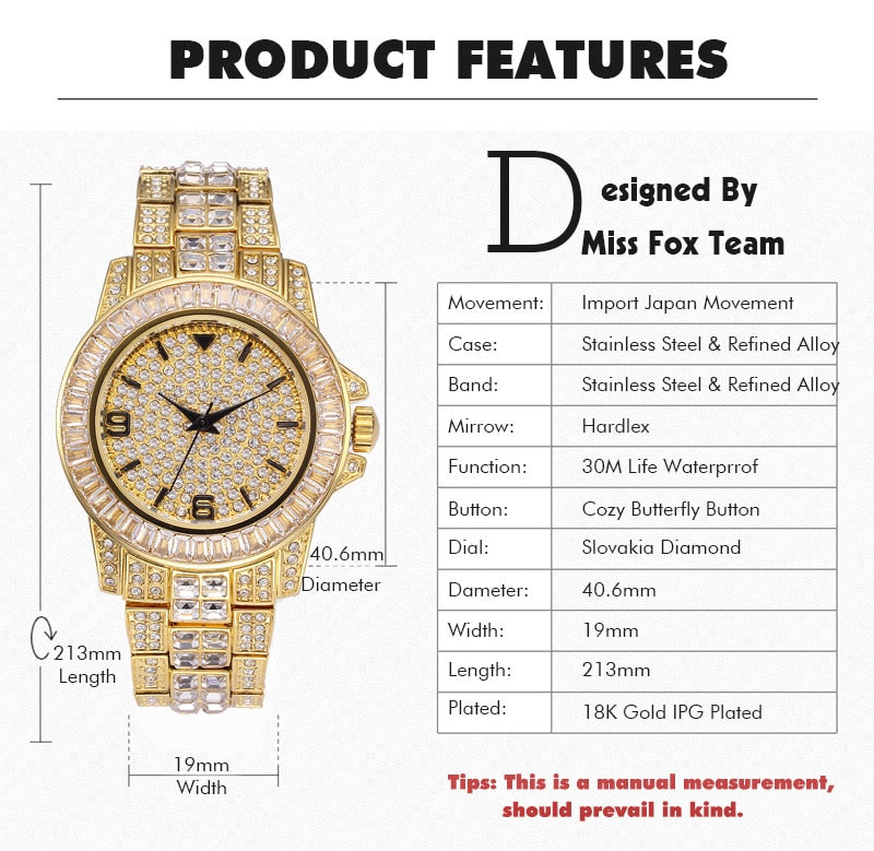 sengpan easter gifts for women  CZ Bling Diamond Men's Watch Role 18k Gold Plated Ice out Quartz Iced Wrist Watches for Men Male Waterproof Wristwatch Hours