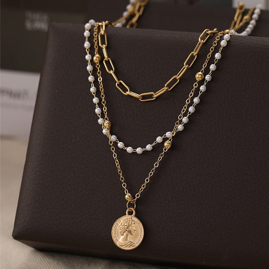 sengpan Vintage Multilayered Pearl Necklace For Women Fashion Gold Portrait Coin Pendant Thick Chain Necklaces Jewelry