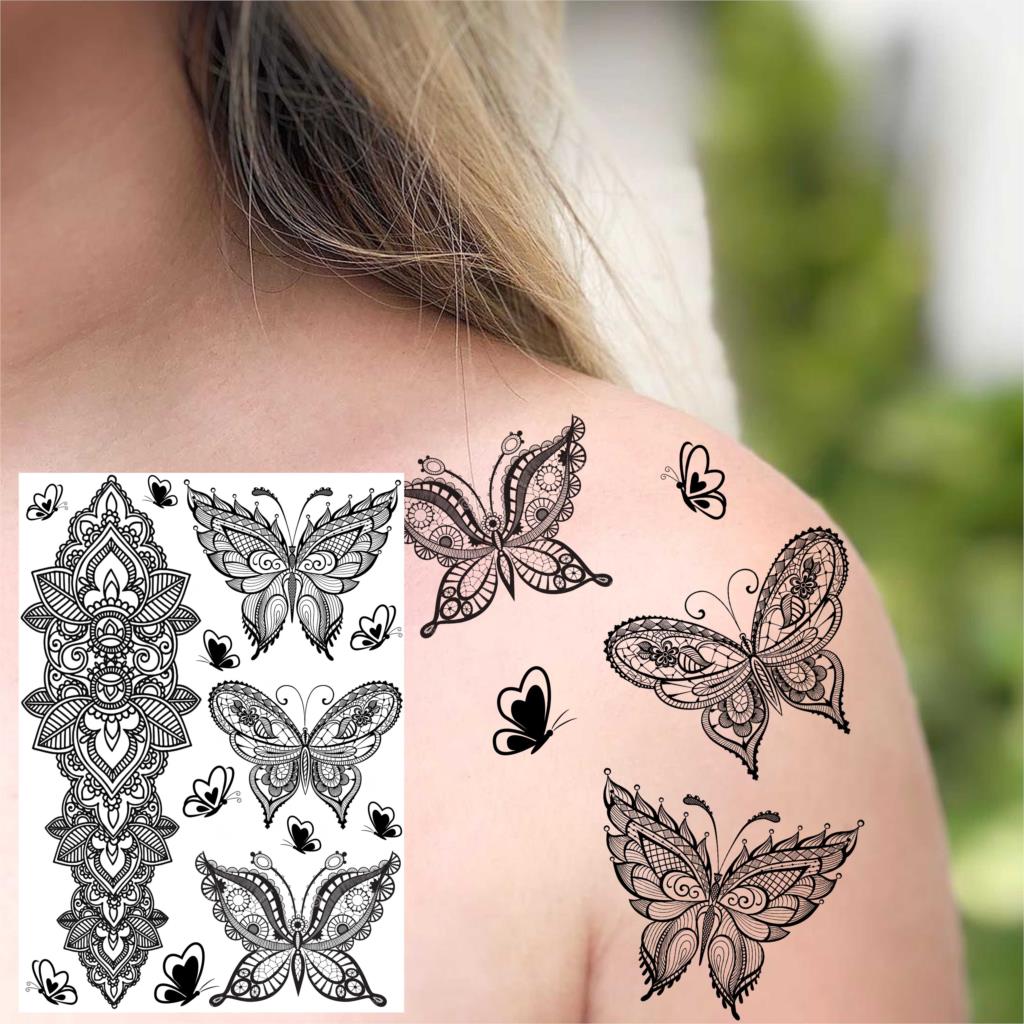 sengpan western jewelry for women Black Henna Lace Temporary Tattoos Sticker For WOmen Butterfly Moth Mehndi Flower Fake Tatoo Sticker Feather Flora Tatoo