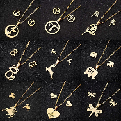 sengpan  gifts for women New Animal Flower Butterfly Stainless Steel Pendant Necklace Sets For Women Gold Color Chain Necklace Earrings Jewelry Gifts